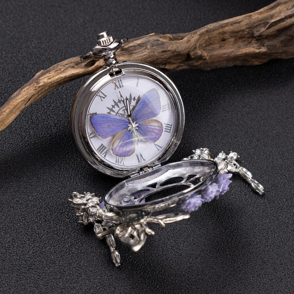 Oryeia Handmade Purple Butterfly Specimen Pocket Watch Necklace