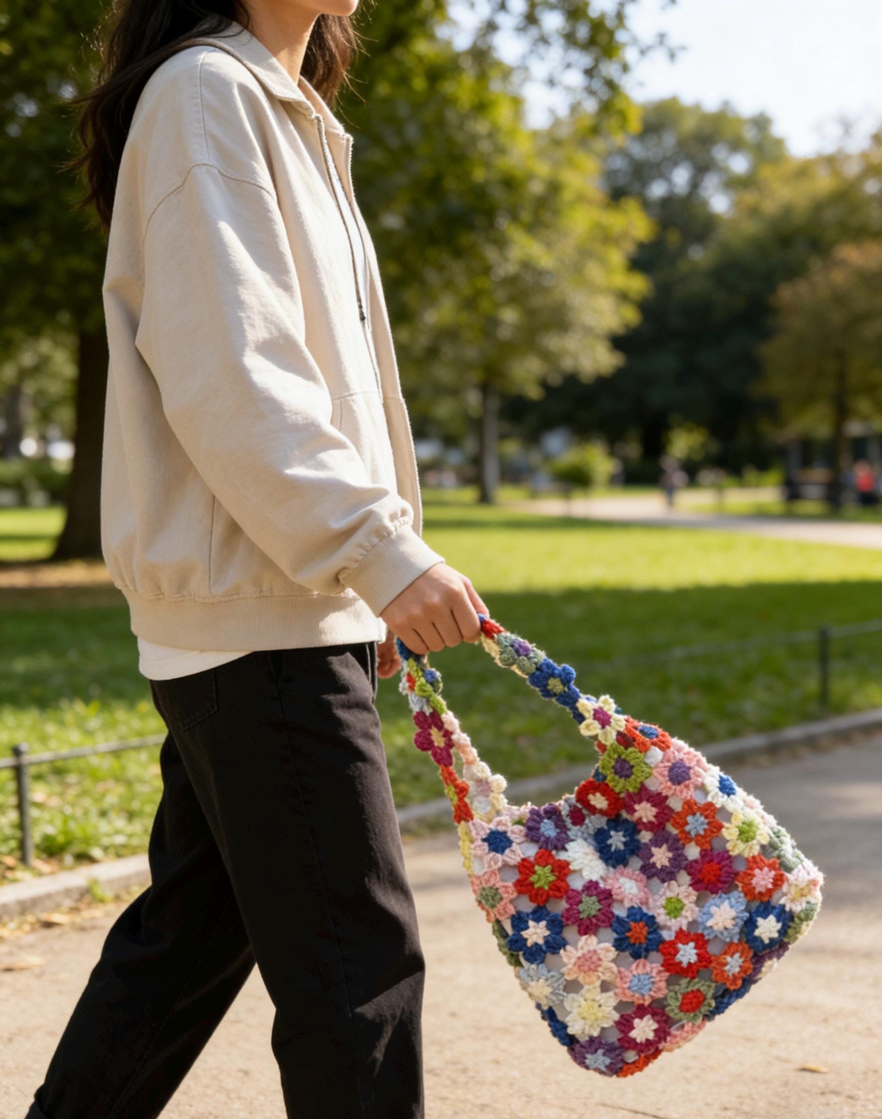 CrochetRecipe Handmade Crochet Flower Lined Tote Floral Granny Square
