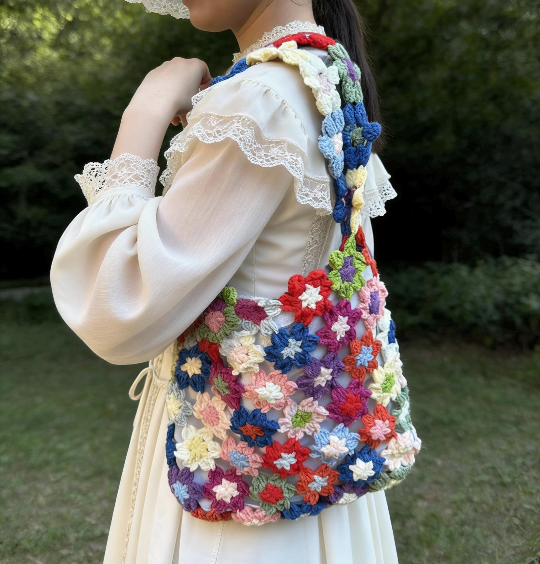 CrochetRecipe Handmade Crochet Flower Lined Tote Floral Granny Square