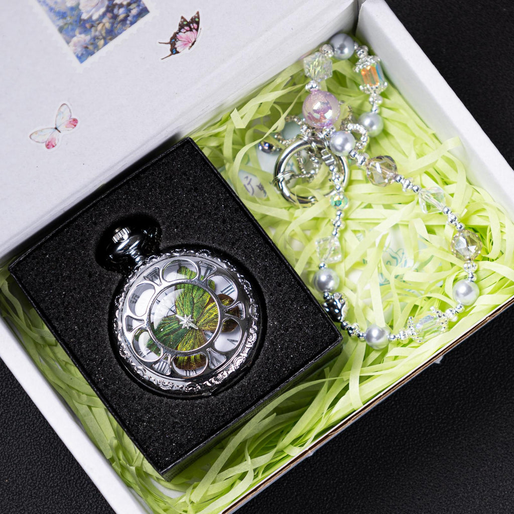Oryeia Handmade Green Butterfly Specimen Pocket Watch Set With Bracelet