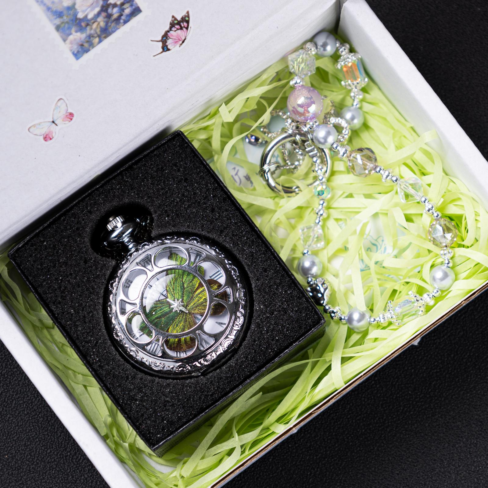 Oryeia Handmade Green Butterfly Specimen Pocket Watch Set With Bracelet
