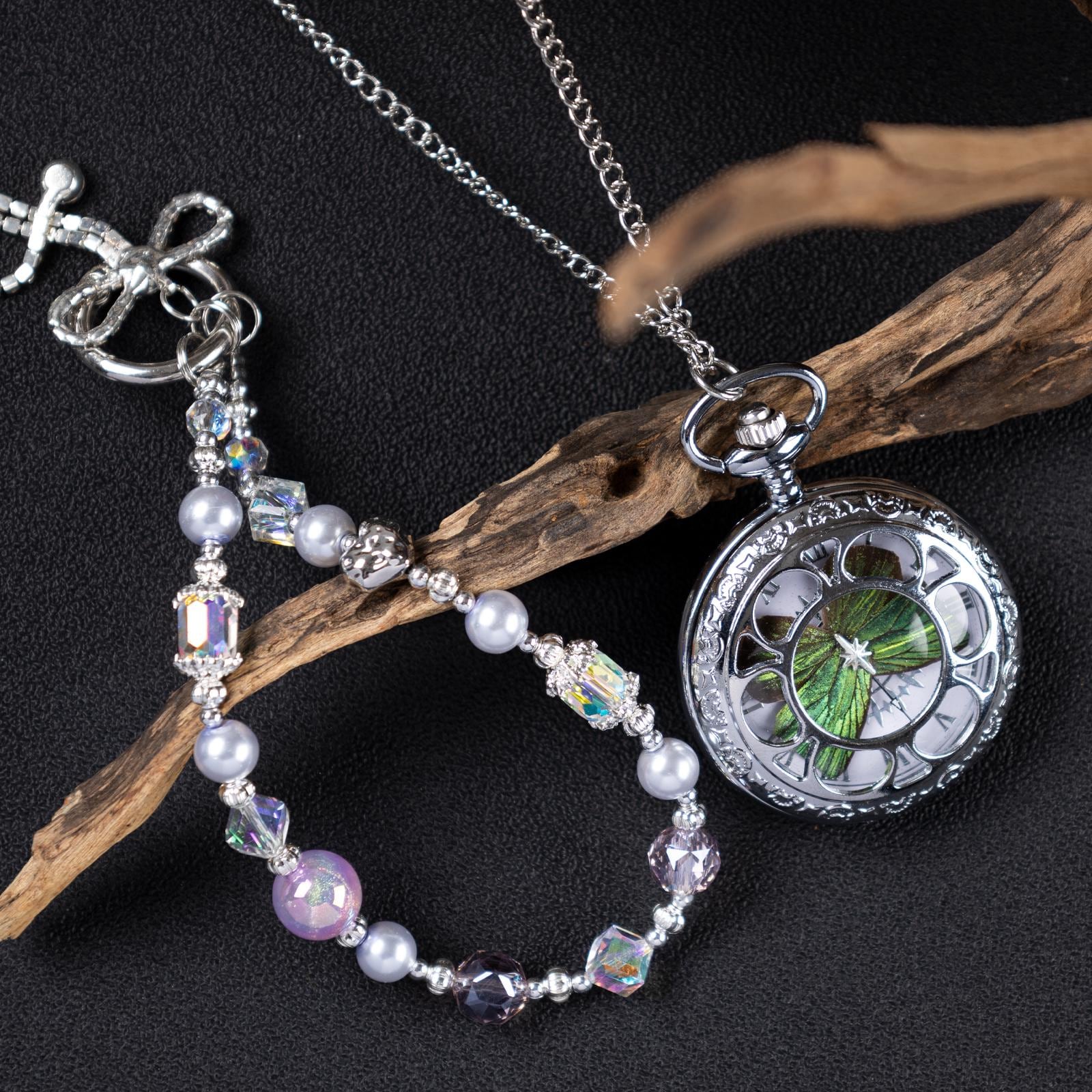 Oryeia Handmade Green Butterfly Specimen Pocket Watch Set With Bracelet
