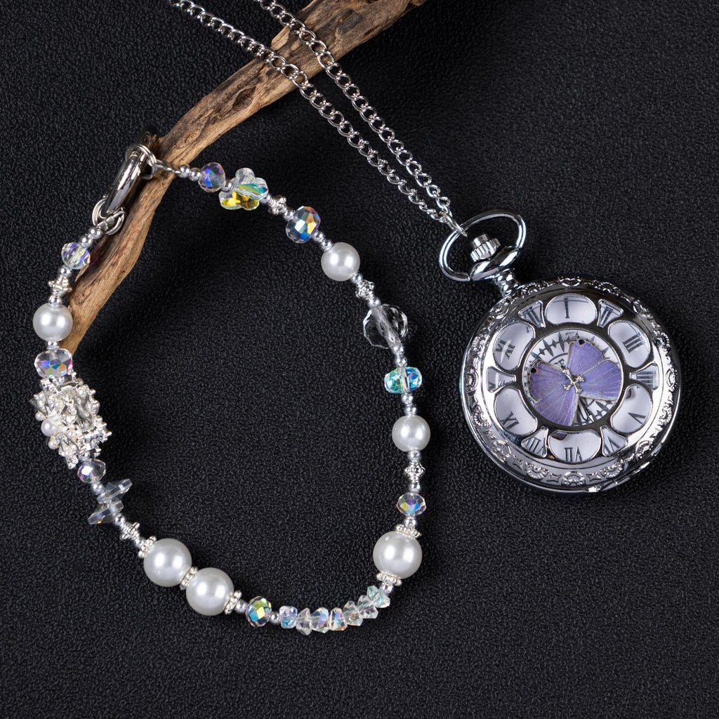 Oryeia Handcrafted Real Purple Butterfly Pocket Watch and Bracelet Set