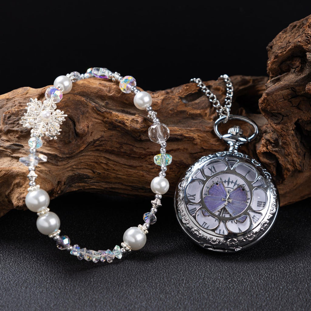Oryeia Handcrafted Real Purple Butterfly Pocket Watch and Bracelet Set