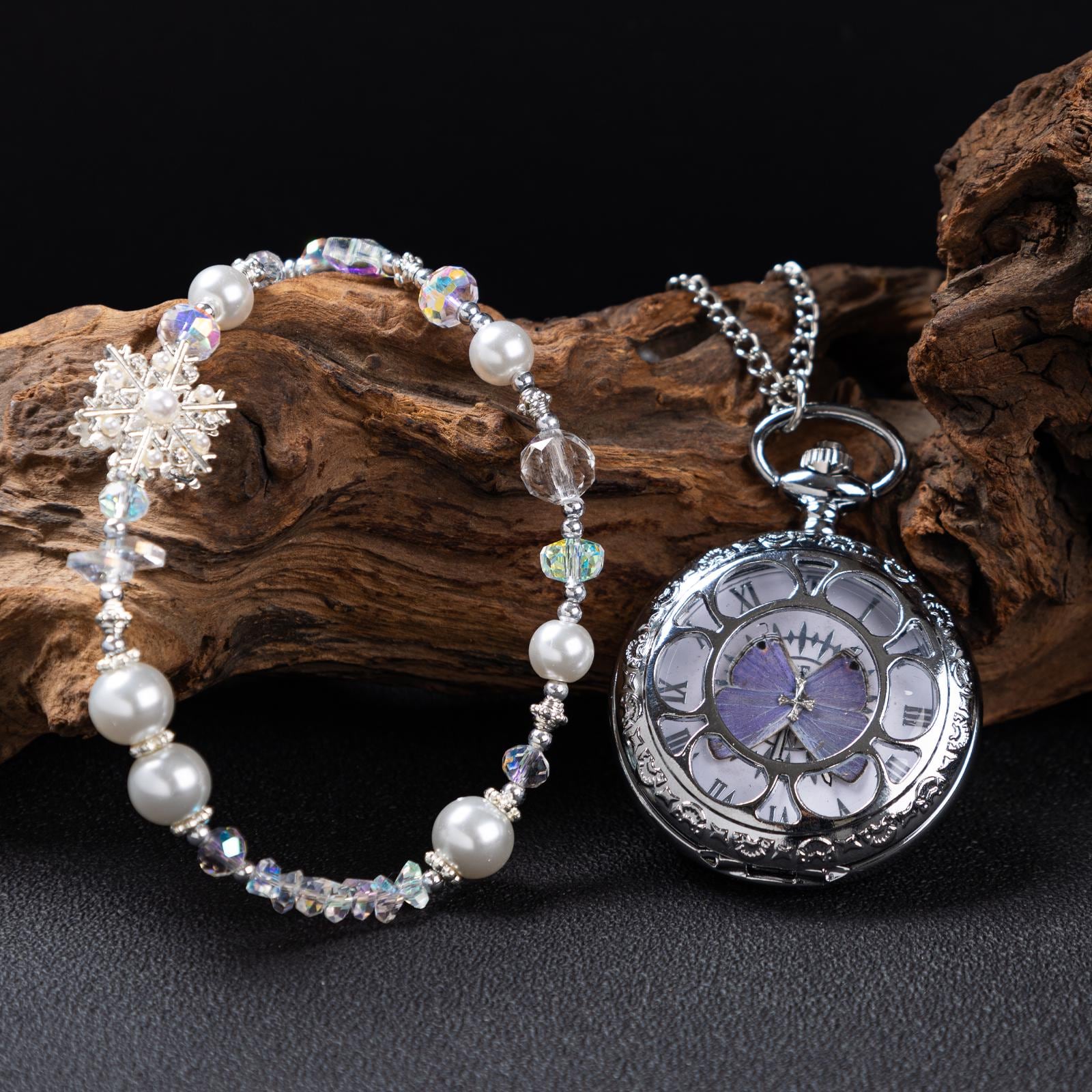 Oryeia Handcrafted Real Purple Butterfly Pocket Watch and Bracelet Set