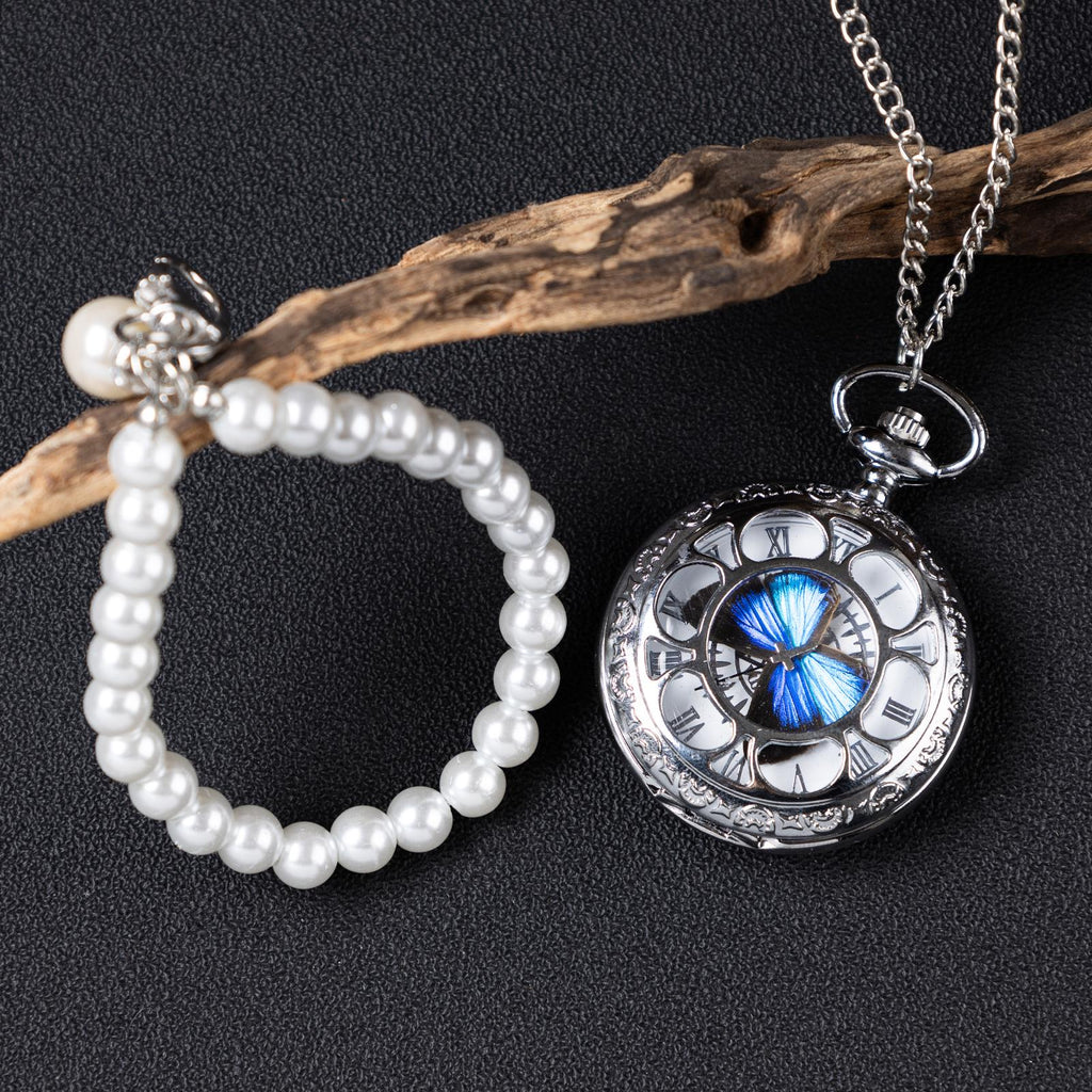 Oryeia Handmade Blue Morpho Butterfly Pocket Watch & Pearl Bracelet Set