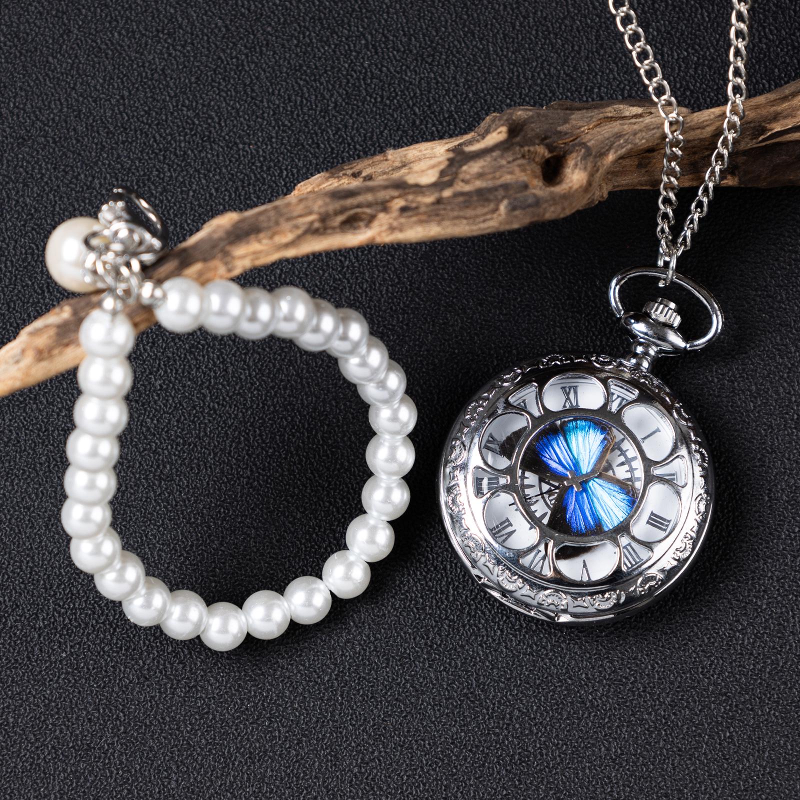 Oryeia Handmade Blue Morpho Butterfly Pocket Watch & Pearl Bracelet Set