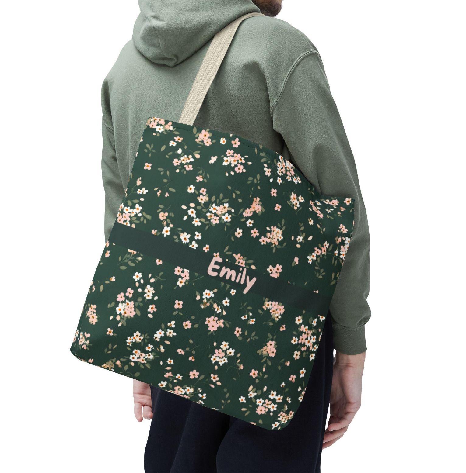 LELORESTORE Custom Name Floral Tote Bag 3 Sizes Green Botanical