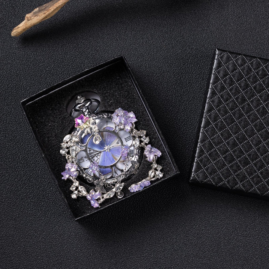 Oryeia Purple Butterfly Preserved Wing Pocket Watch Necklace Silver Crystal