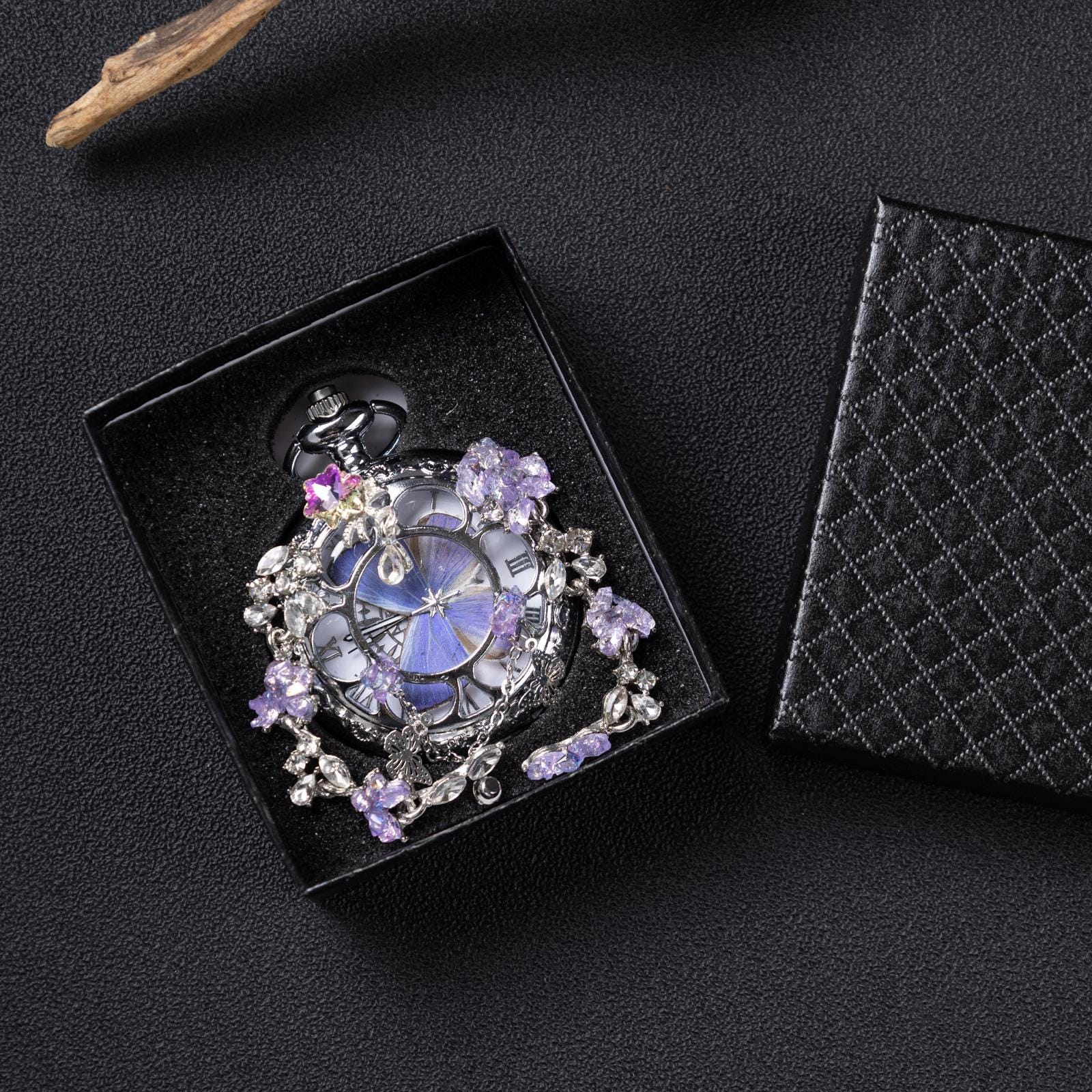 Oryeia Purple Butterfly Preserved Wing Pocket Watch Necklace Silver Crystal