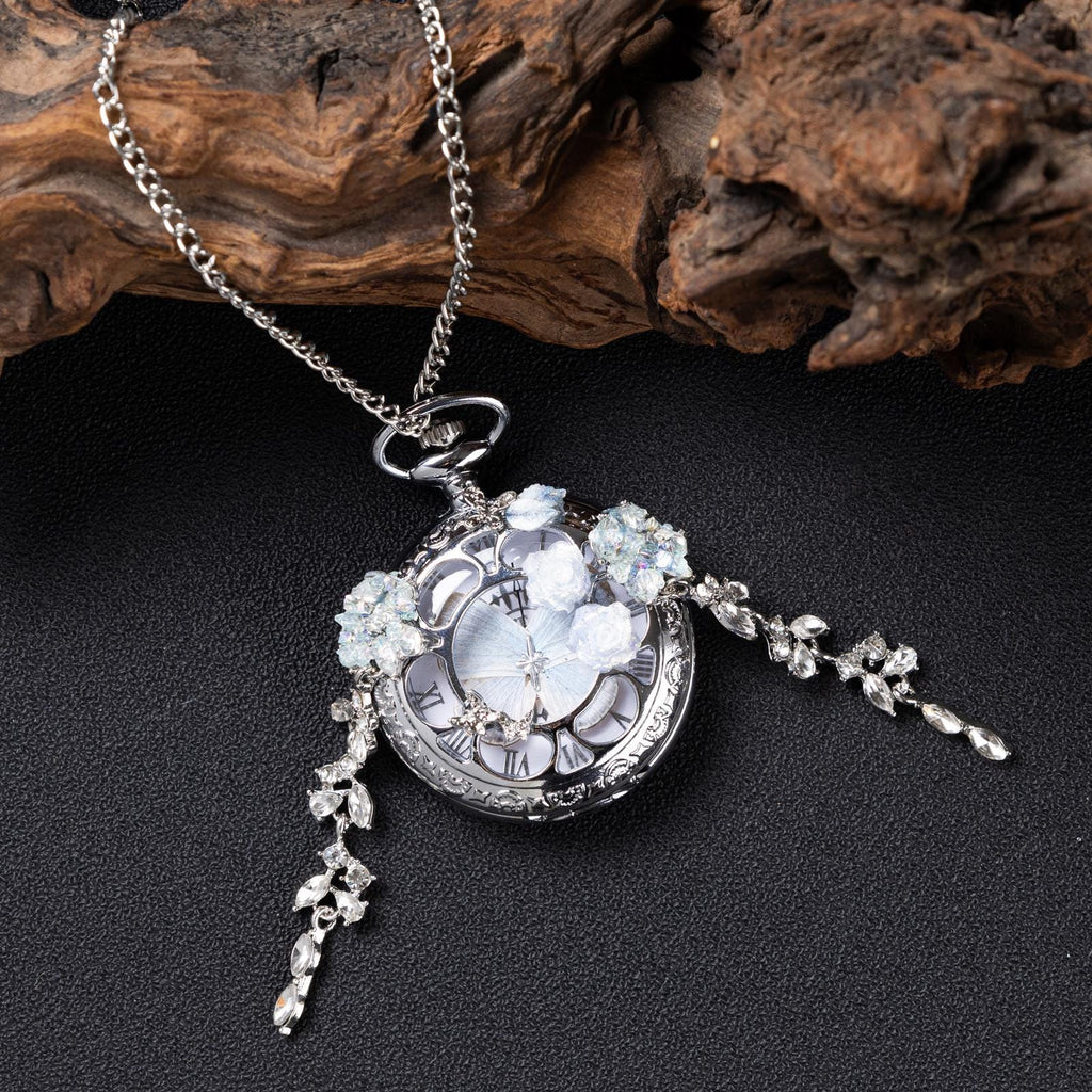 Oryeia Custom Real Butterfly Pocket Watch Necklace White