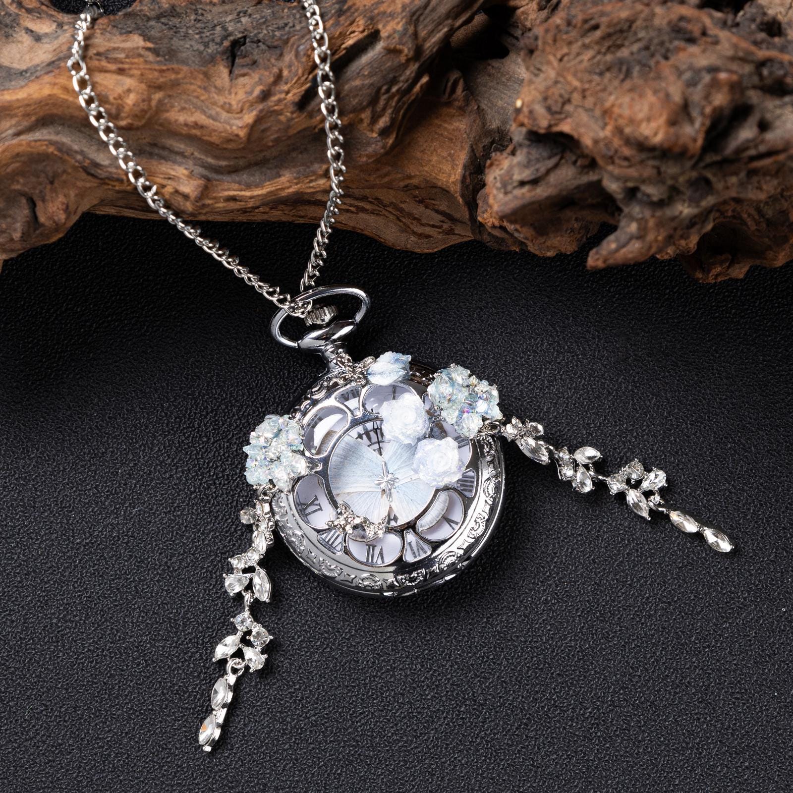 Oryeia Custom Real Butterfly Pocket Watch Necklace White