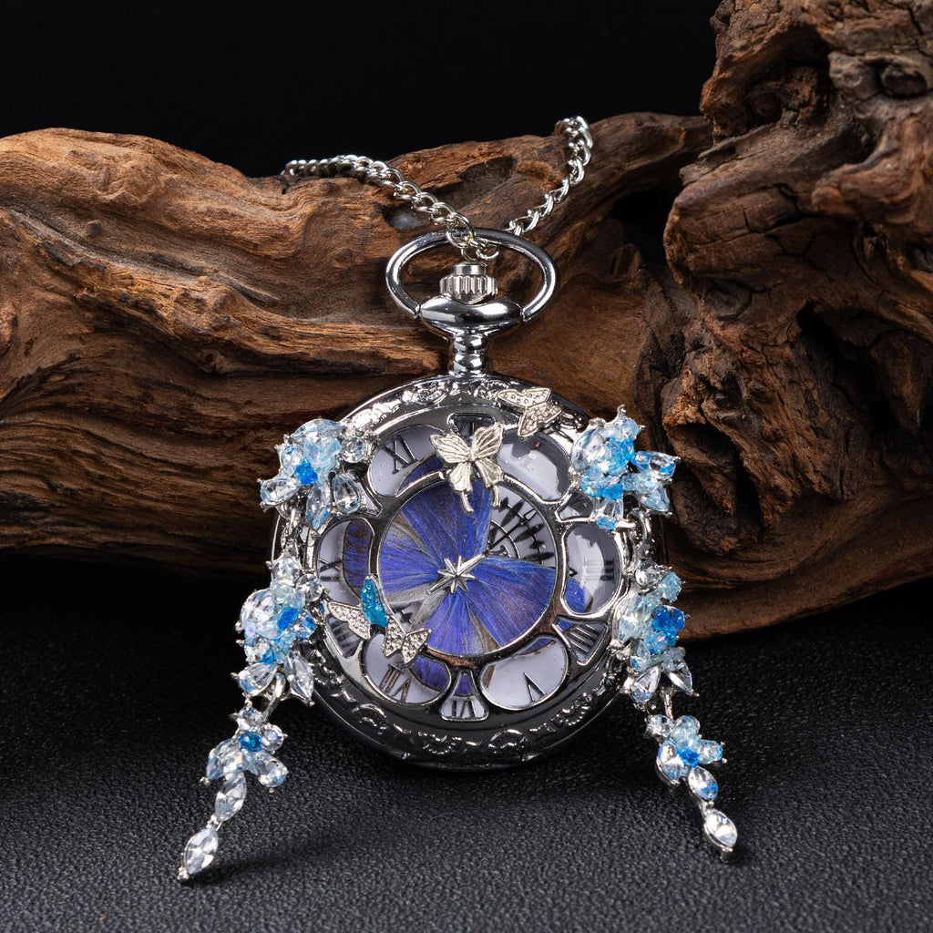 Oryeia Handmade Blue Butterfly Pocket Watch Necklace Real Specimen