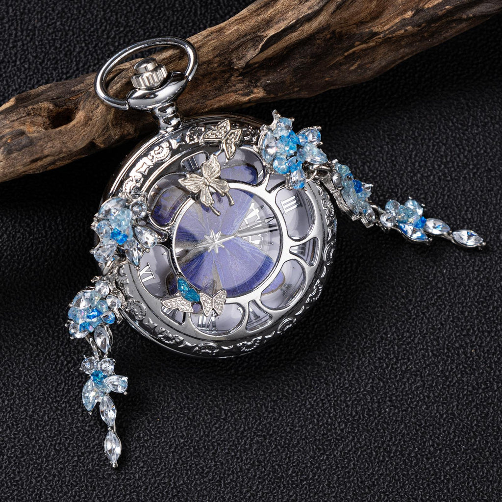 Oryeia Handmade Blue Butterfly Pocket Watch Necklace Real Specimen