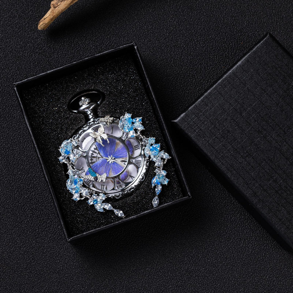 Oryeia Handmade Blue Butterfly Pocket Watch Necklace Real Specimen