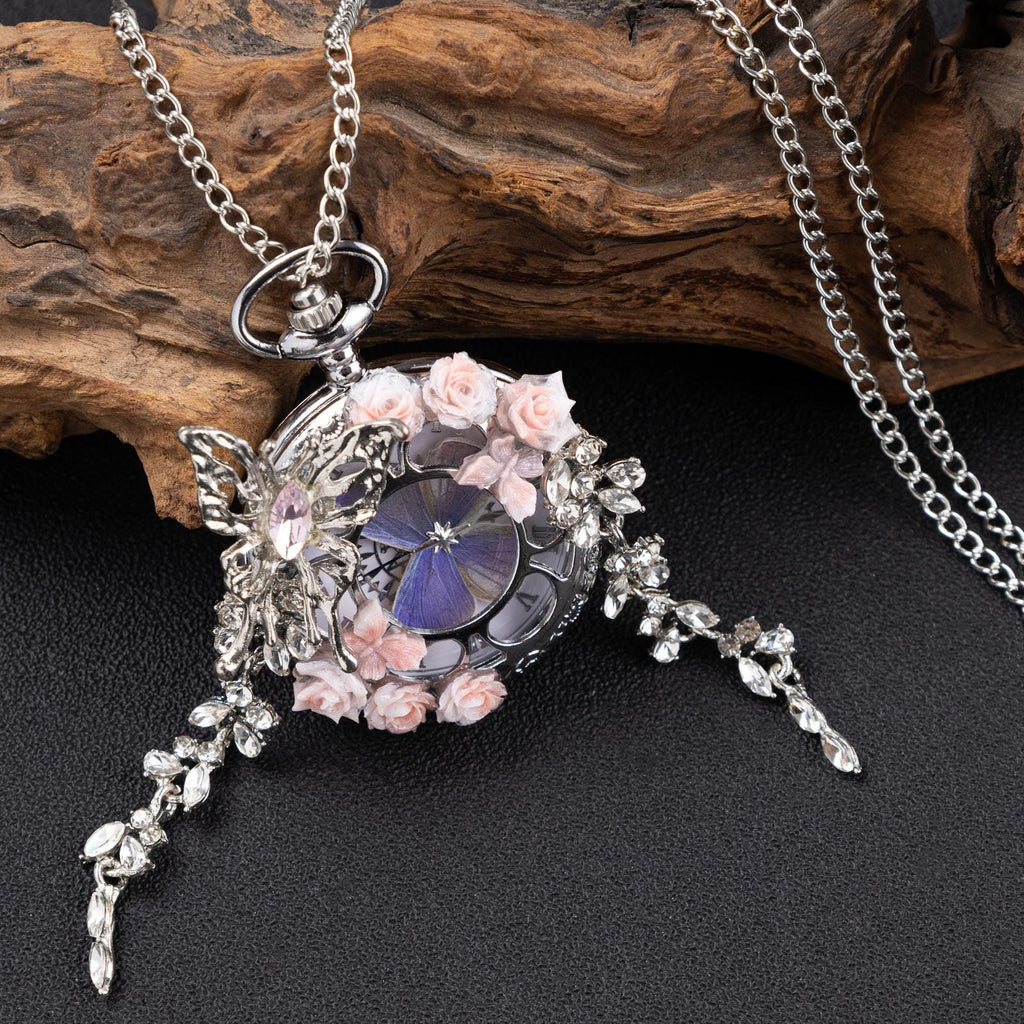 Oryeia Handmade Butterfly Pocket Watch Necklace Purple