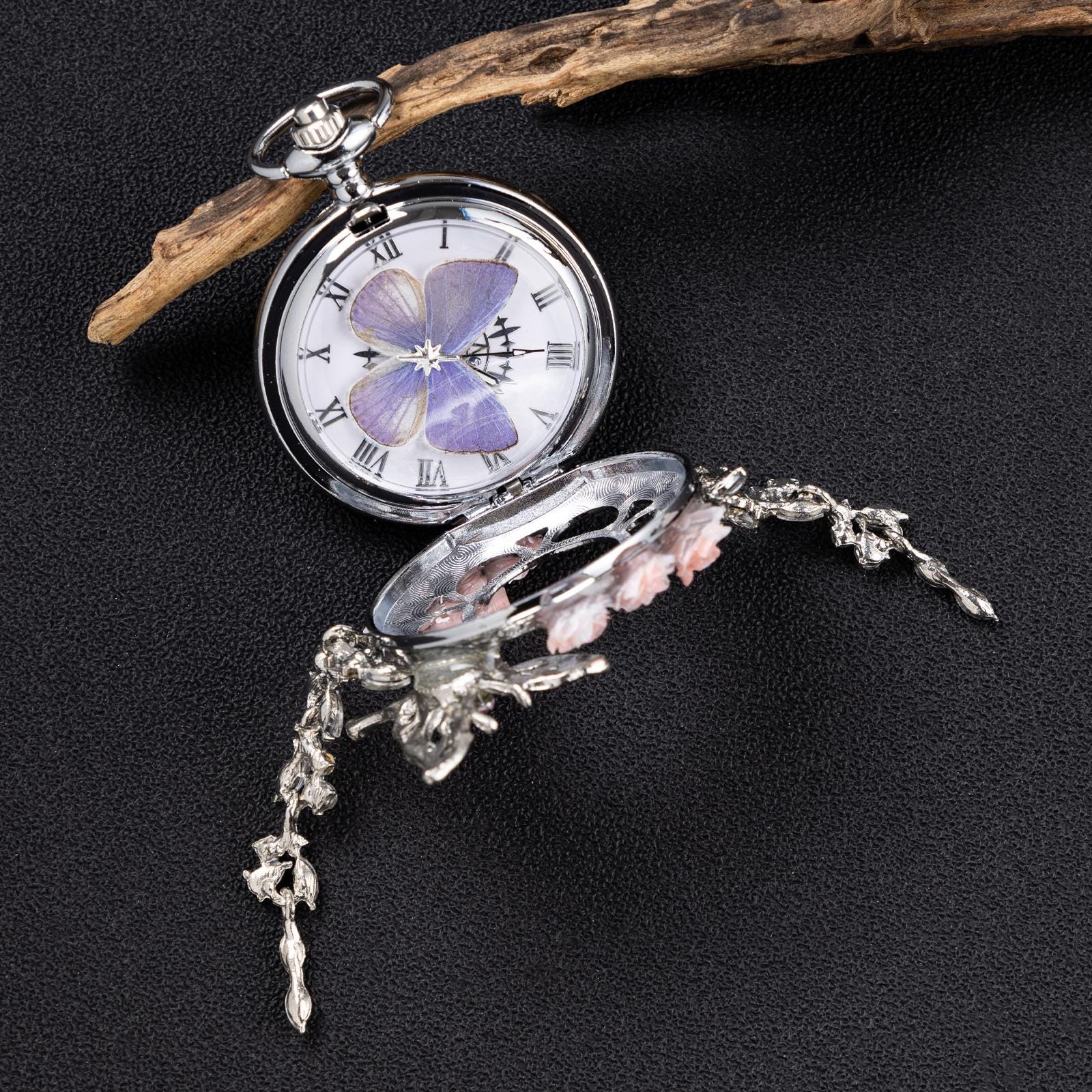 Oryeia Handmade Butterfly Pocket Watch Necklace Purple