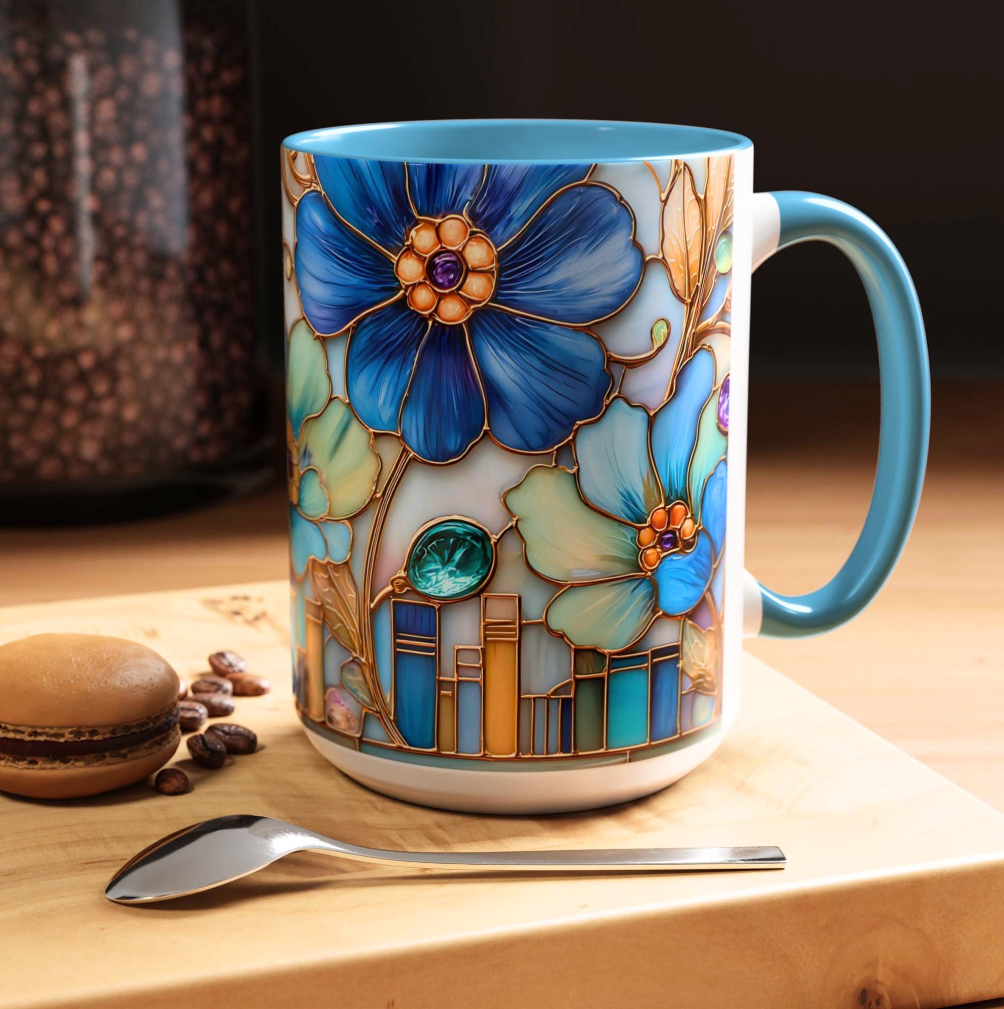 Floral Book Coffee Mug Faux Stained Glass Bookshelf Lover Gift