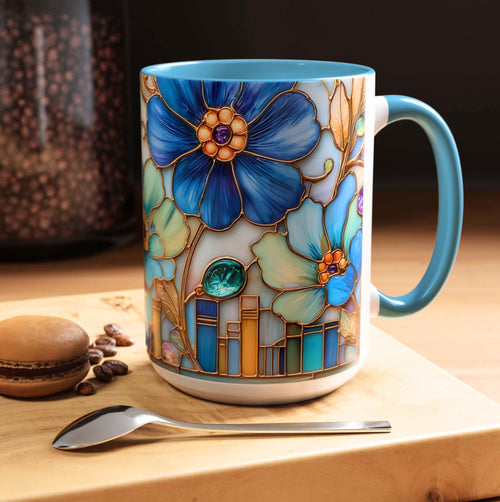 Floral Book Coffee Mug Faux Stained Glass Bookshelf Lover Gift
