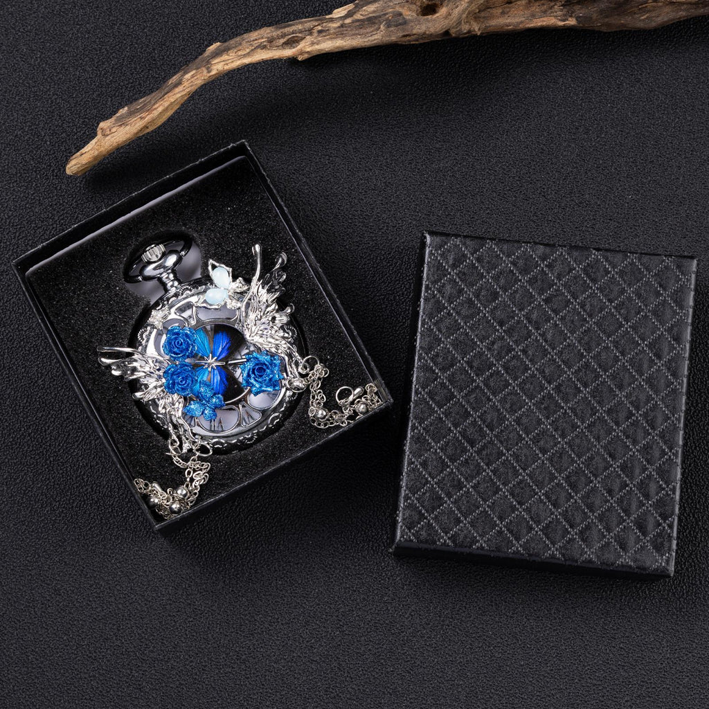 Oryeia Handmade Blue Butterfly Specimen Pocket Watch Necklace Pendant
