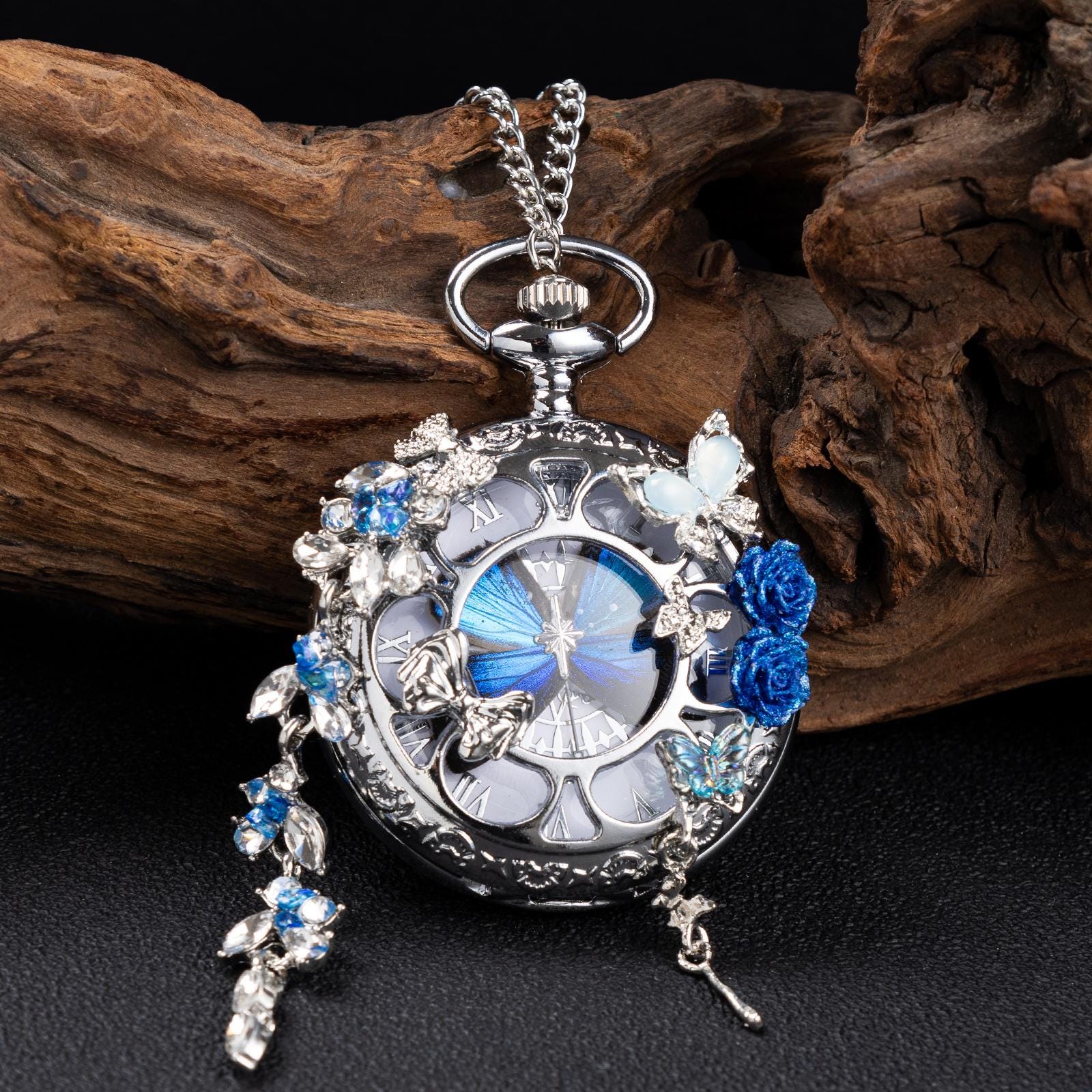 Oryeia Handmade Blue Butterfly Pocket Watch Necklace With Crystal Tassels
