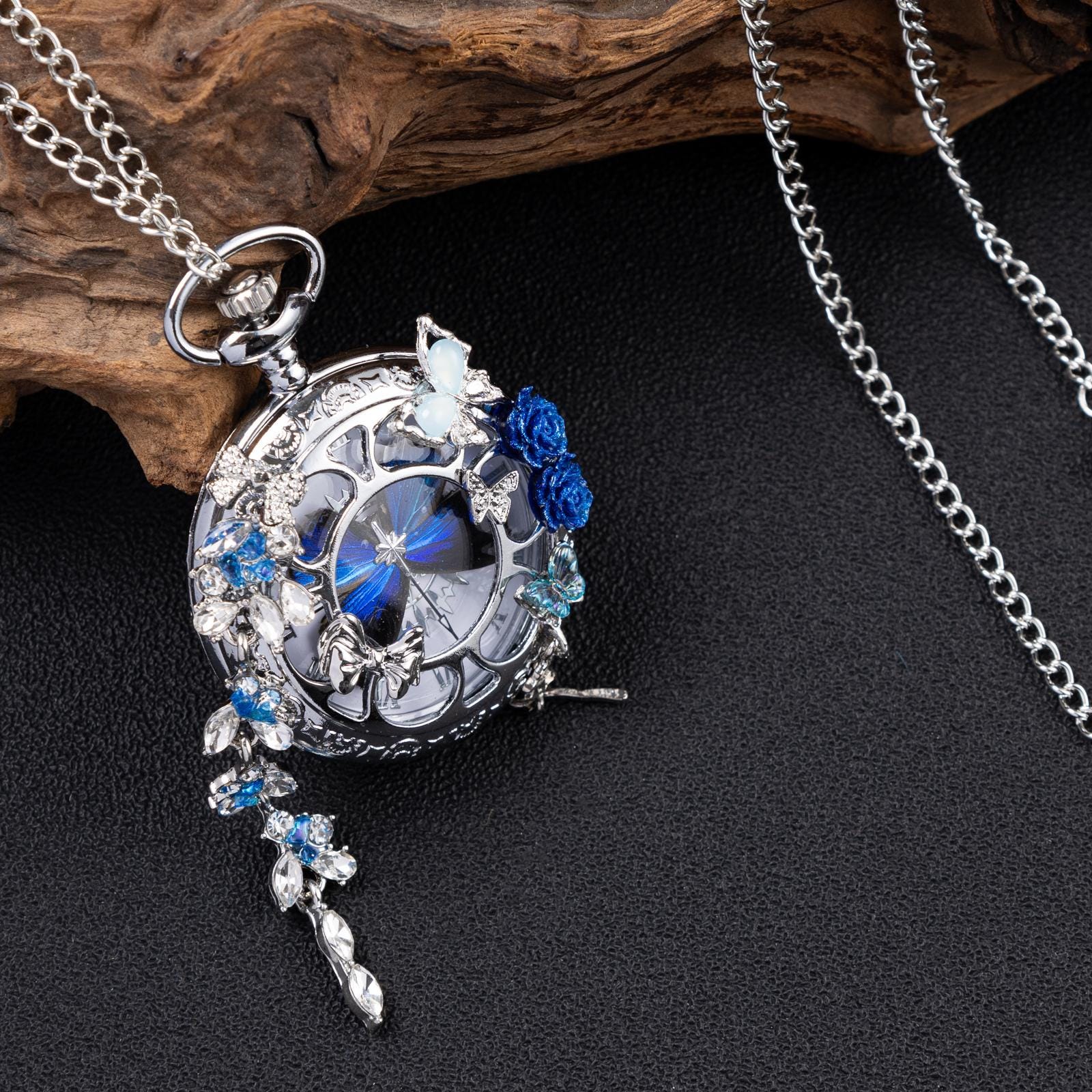 Oryeia Handmade Blue Butterfly Pocket Watch Necklace With Crystal Tassels