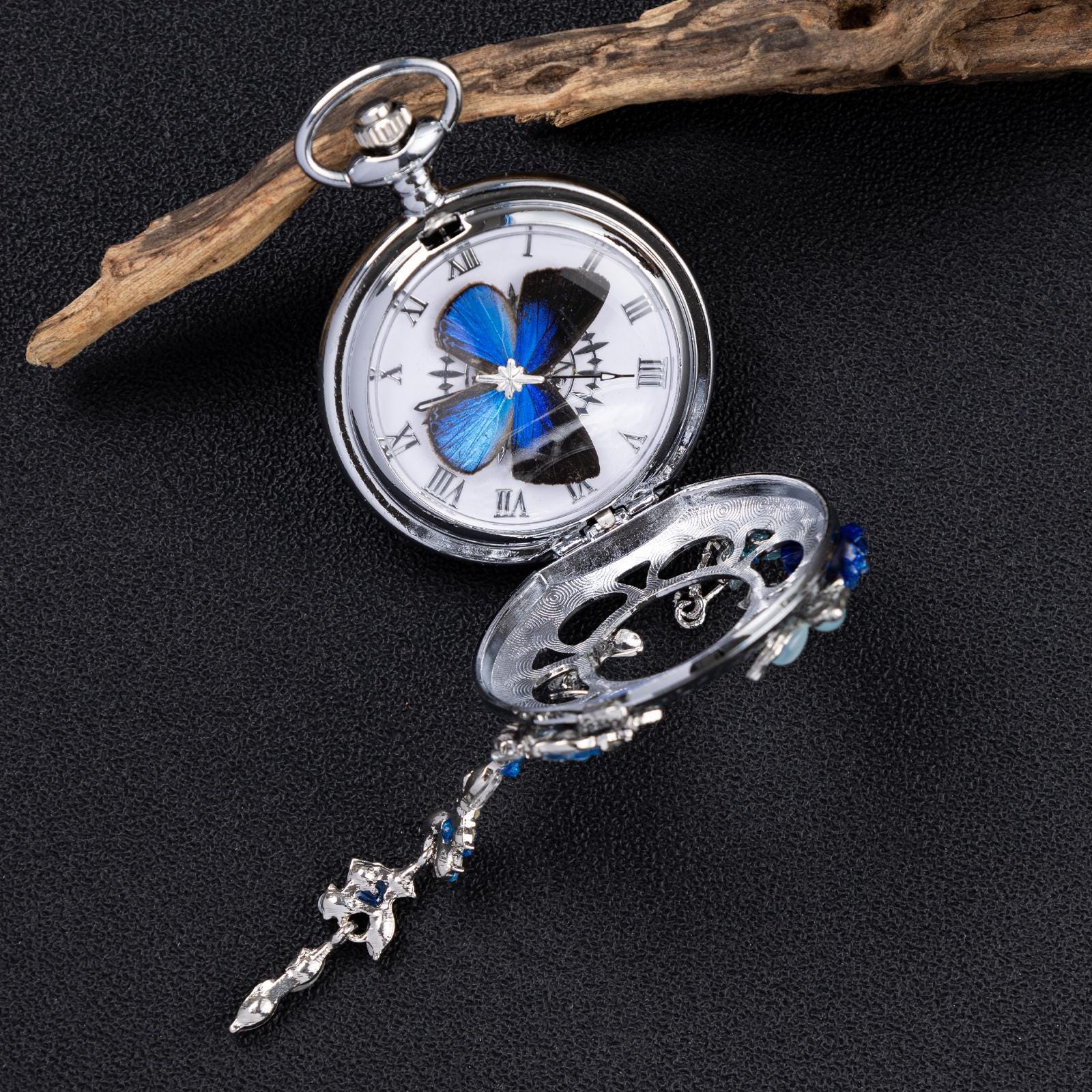 Oryeia Handmade Blue Butterfly Pocket Watch Necklace With Crystal Tassels