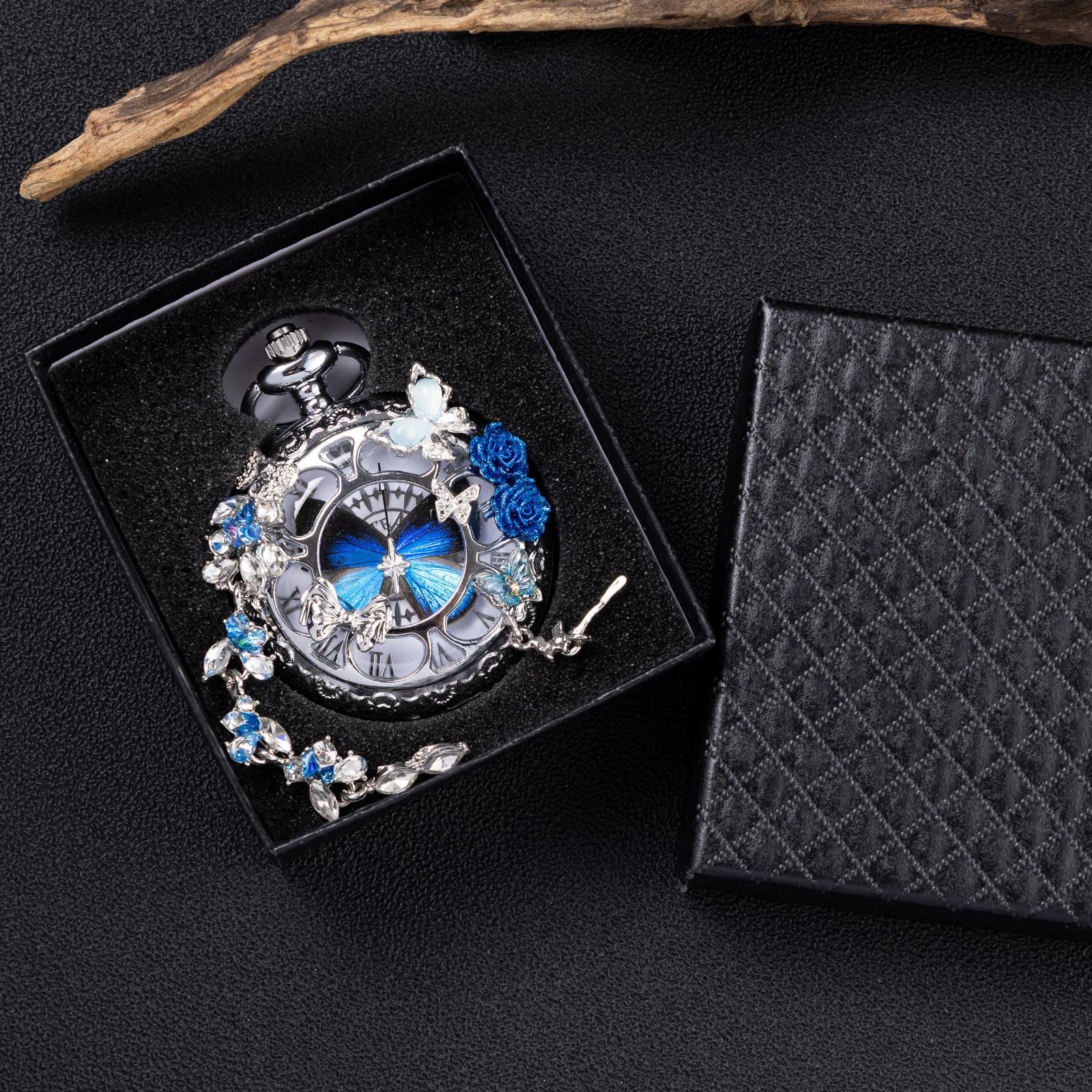 Oryeia Handmade Blue Butterfly Pocket Watch Necklace With Crystal Tassels