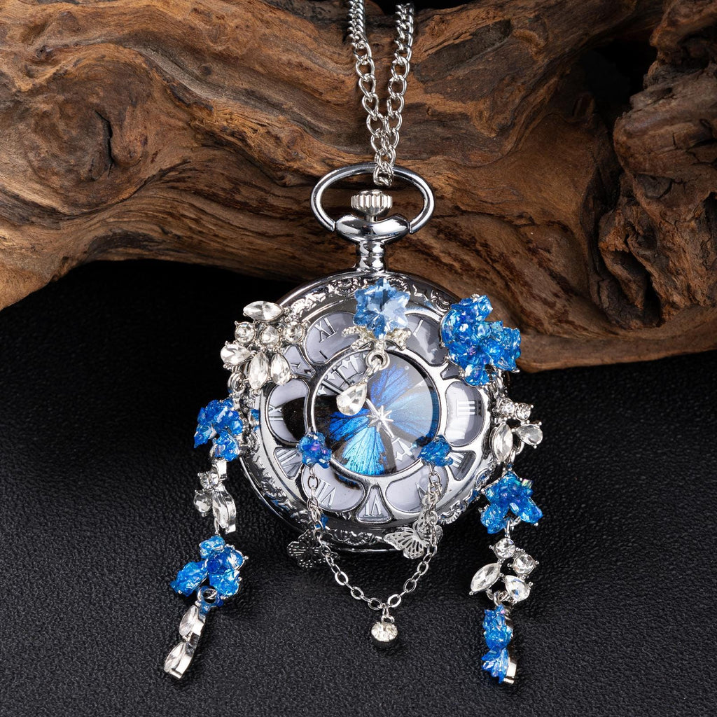 Oryeia Jeweled Butterfly Pocket Watch Blue Morpho Specimen