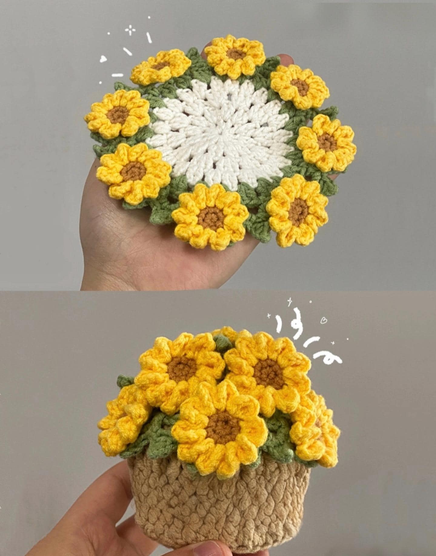 CrochetRecipe Handmade Crochet Flower Coaster Set With Basket Holder