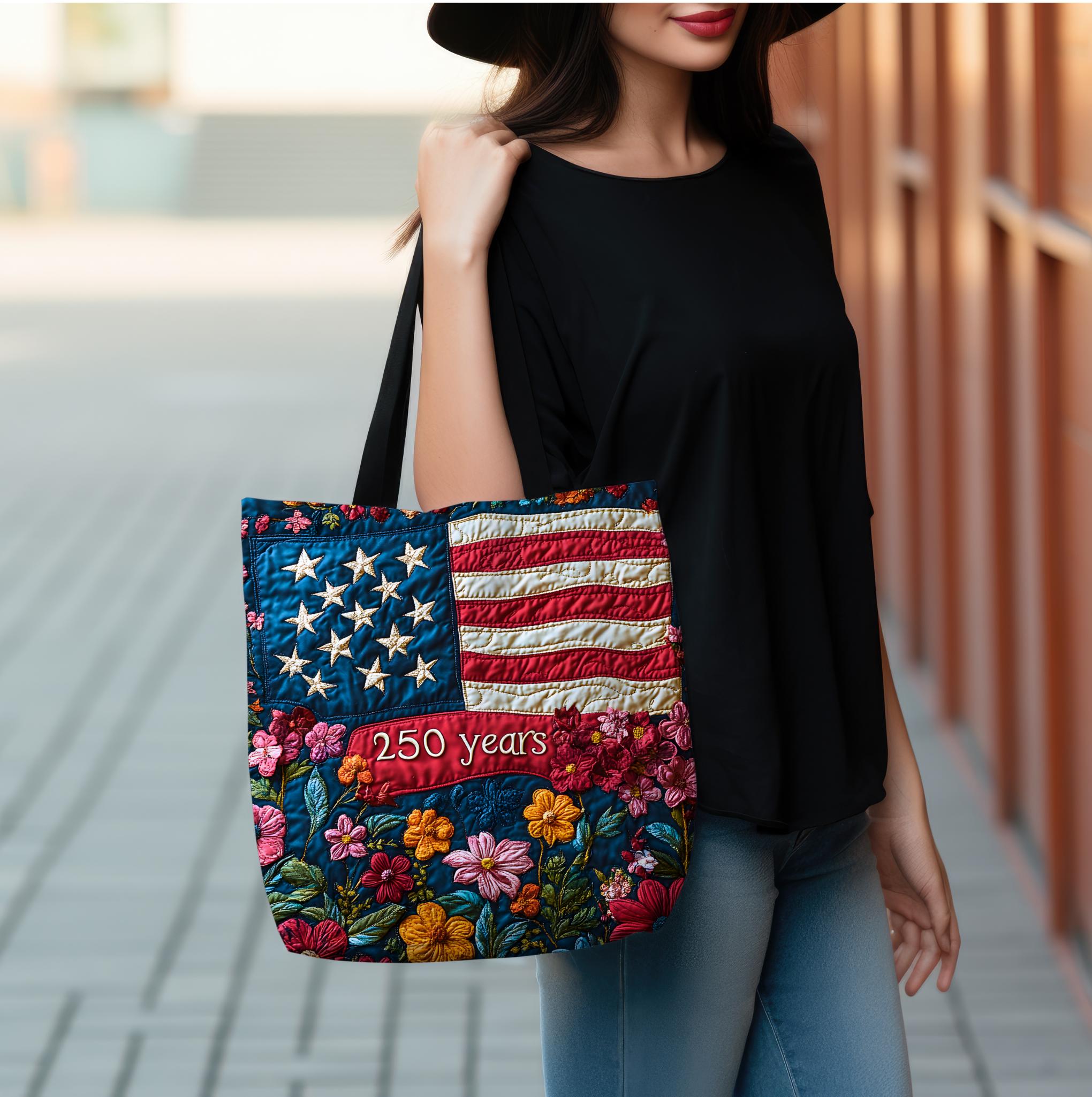 Patriotic Floral Tote Bag American Flag 250 Years Vintage Gift Independence Day Shopping Bag