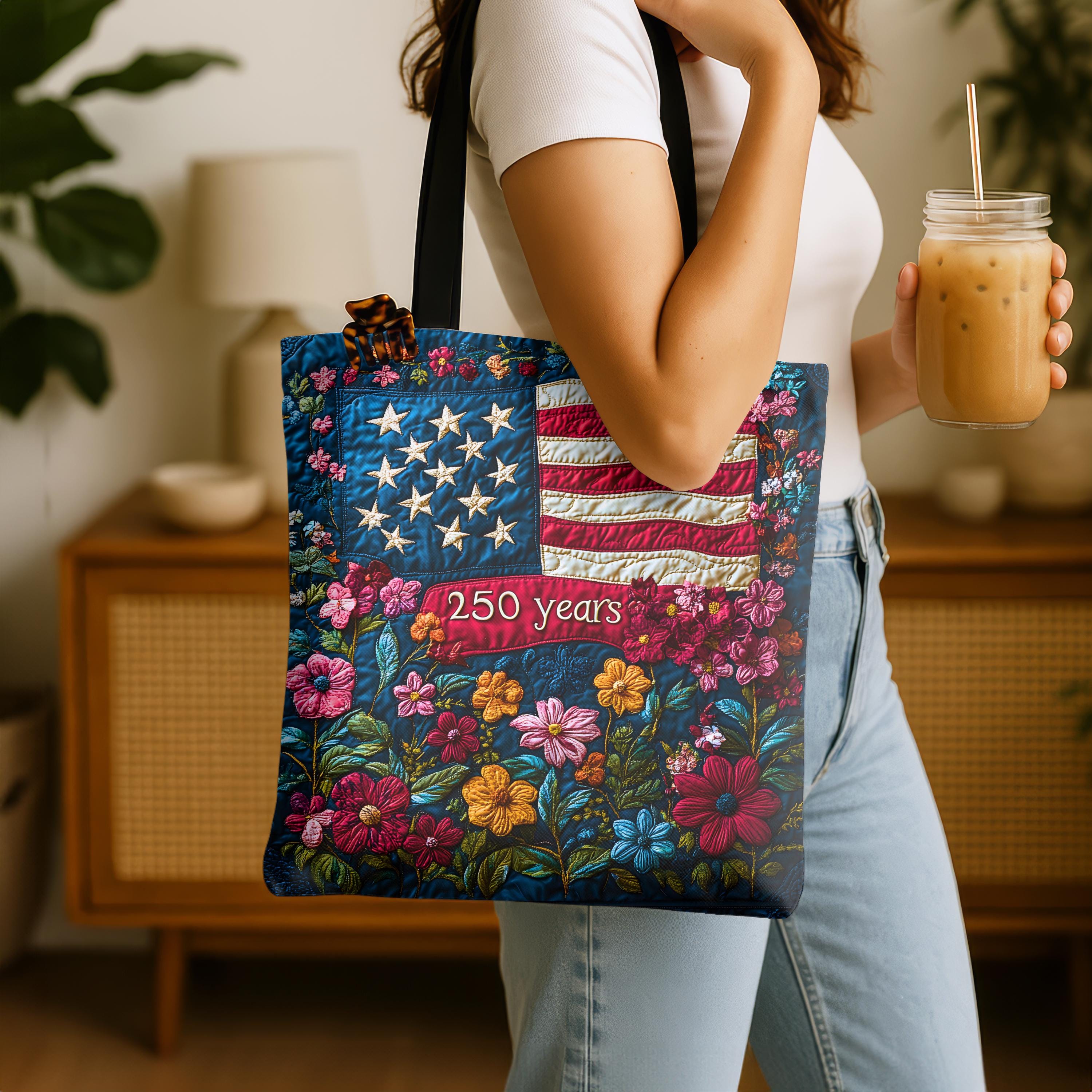 Patriotic Floral Tote Bag American Flag 250 Years Vintage Gift Independence Day Shopping Bag