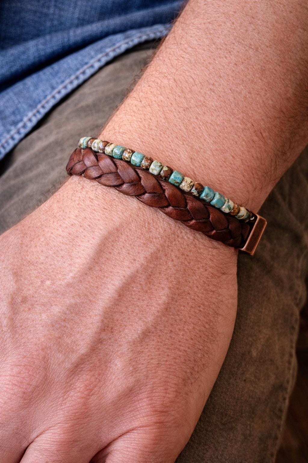 Handmade Leather & Turquoise Blue Bead Bracelet – Rustic Boho Style