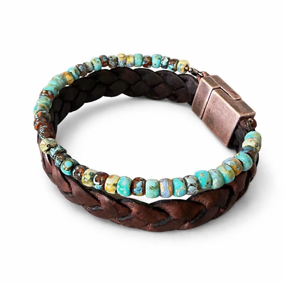Handmade Leather & Turquoise Blue Bead Bracelet – Rustic Boho Style