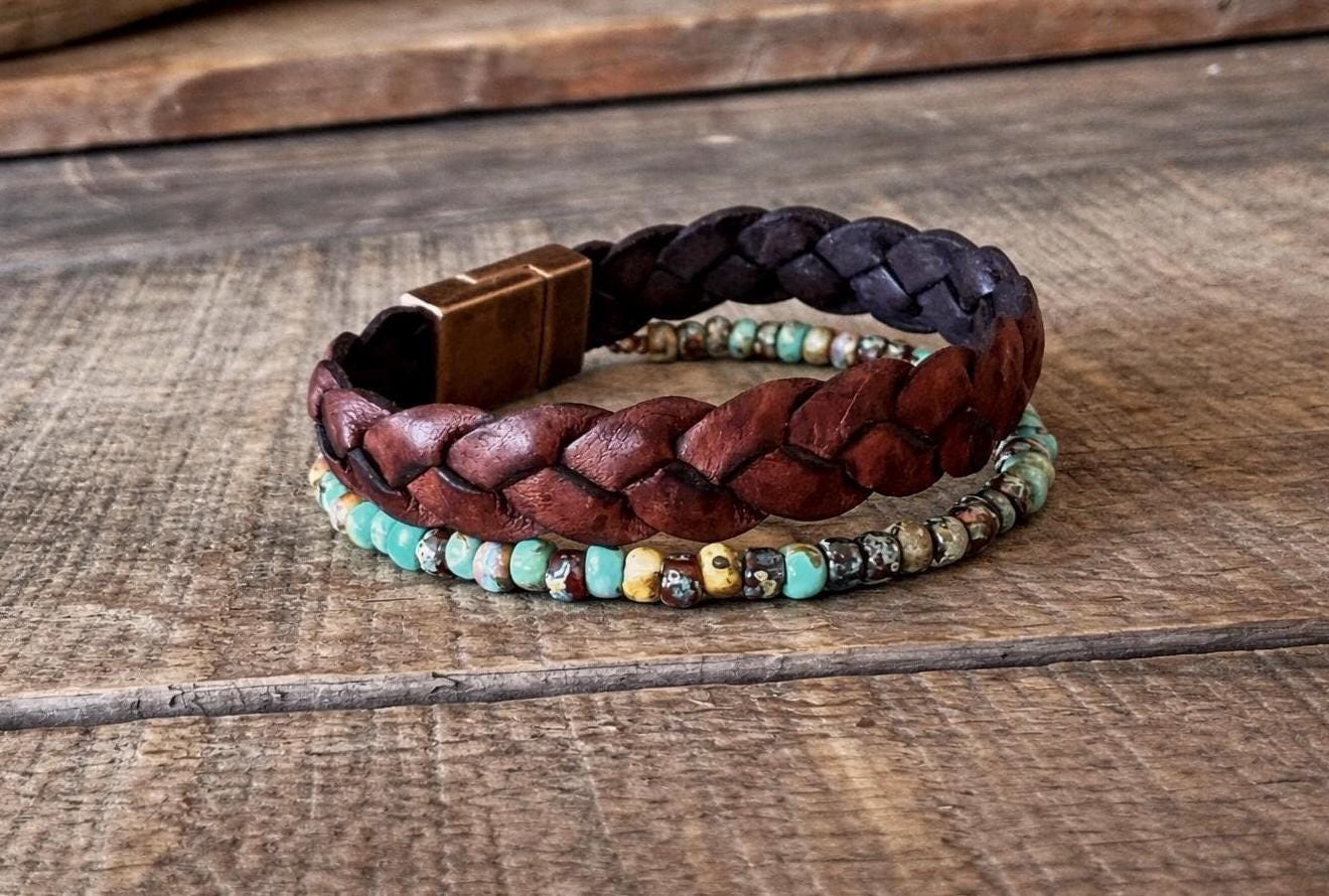 Handmade Leather & Turquoise Blue Bead Bracelet – Rustic Boho Style