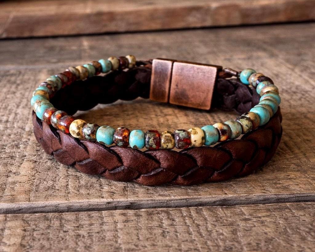 Handmade Leather & Turquoise Blue Bead Bracelet – Rustic Boho Style