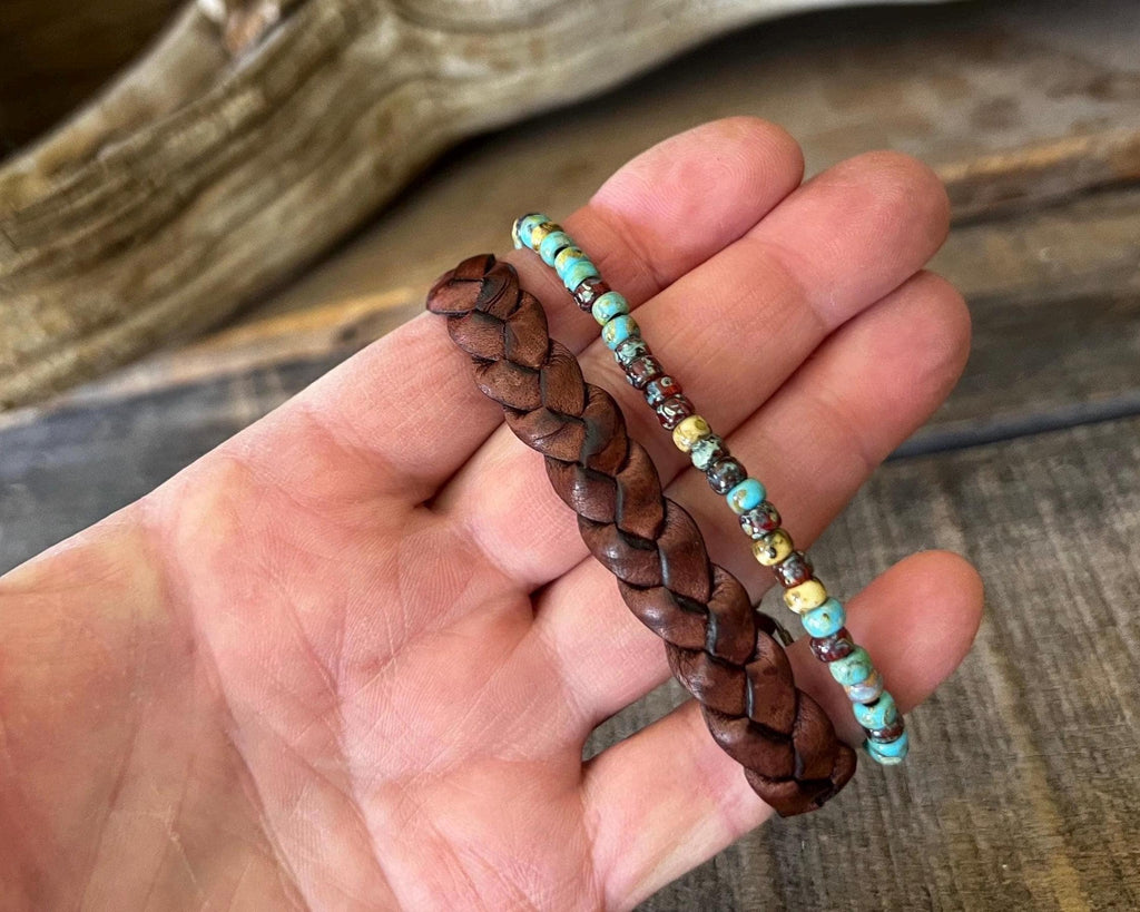 Handmade Leather & Turquoise Blue Bead Bracelet – Rustic Boho Style