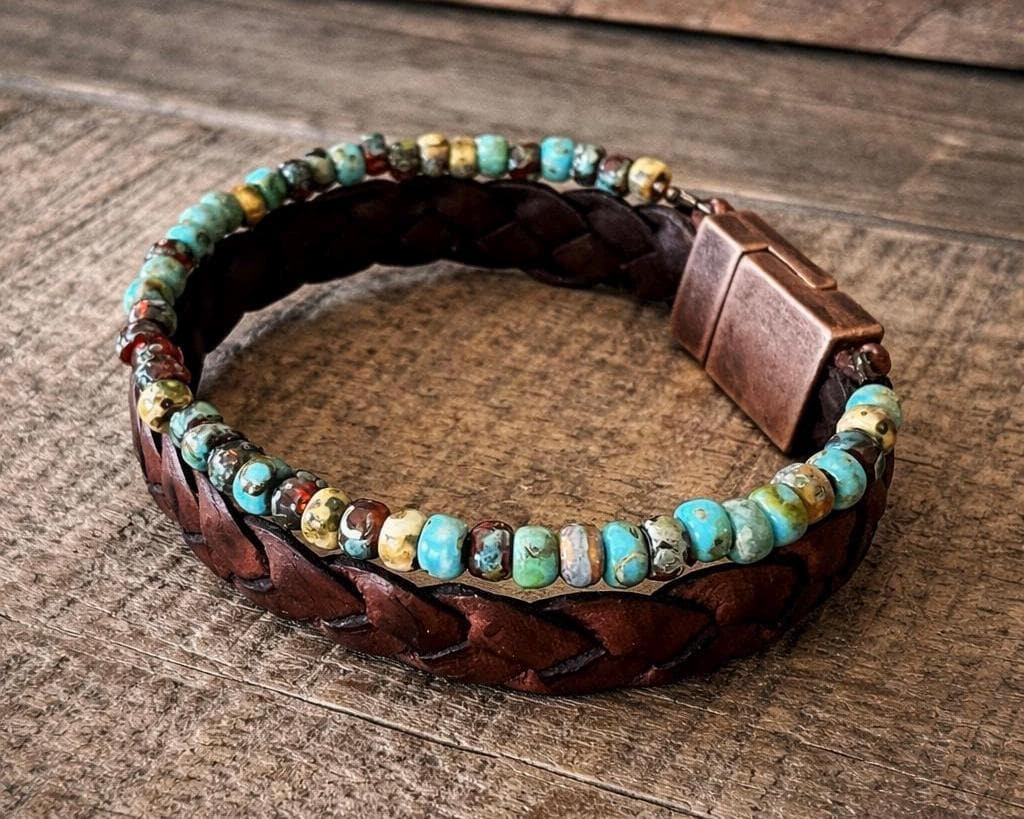 Handmade Leather & Turquoise Blue Bead Bracelet – Rustic Boho Style