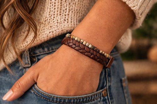 BohoWrapFrancesca Braided Leather and Beaded Bracelet Set with Magnetic Clasp