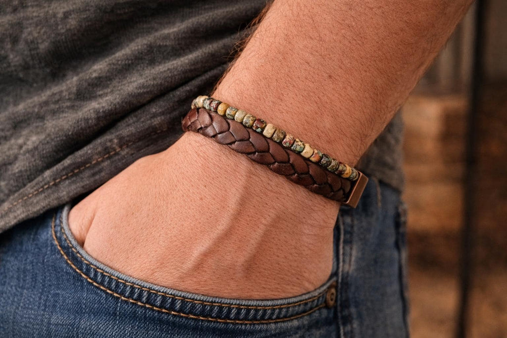 BohoWrapFrancesca Braided Leather and Beaded Bracelet Set with Magnetic Clasp