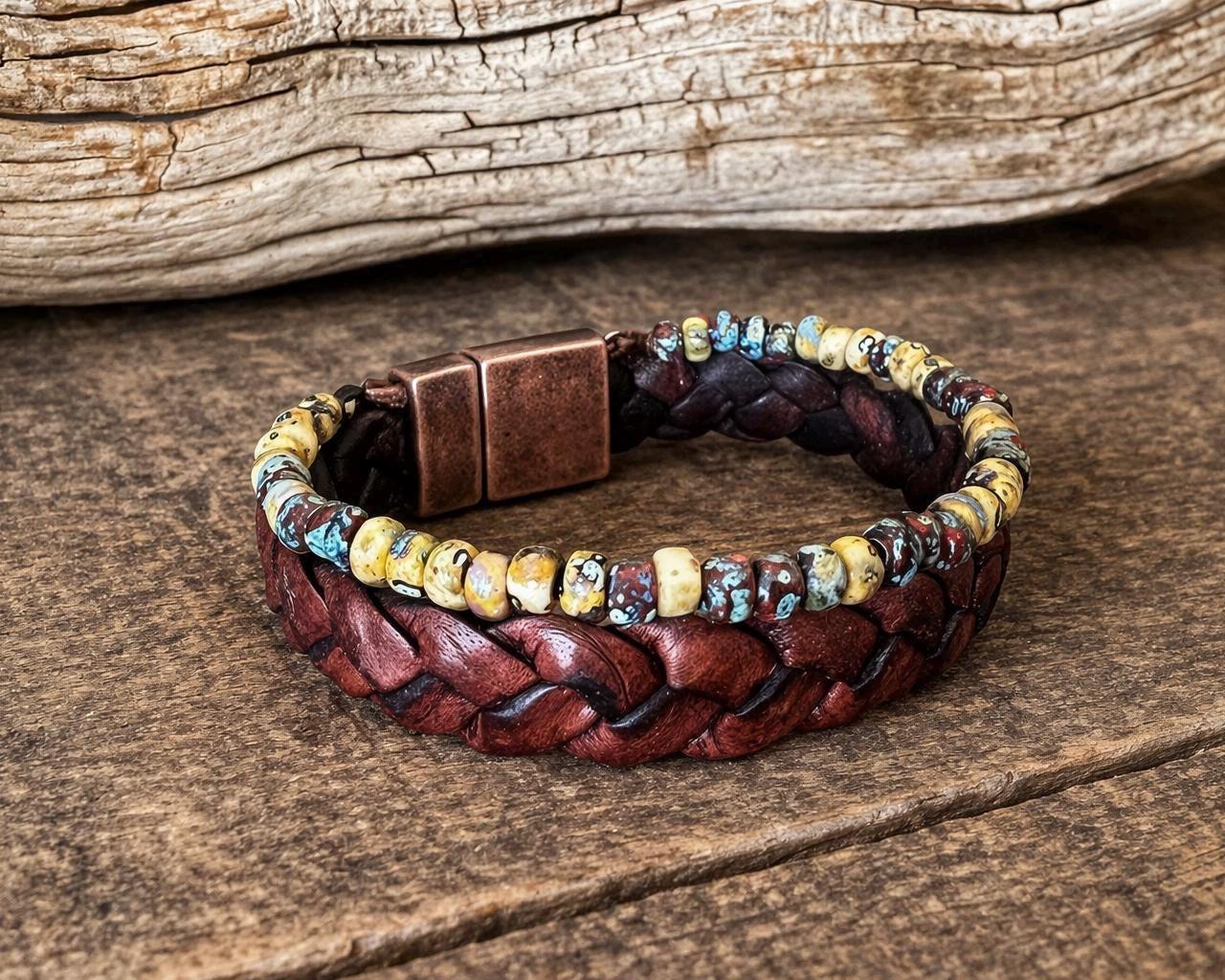 BohoWrapFrancesca Braided Leather and Beaded Bracelet Set with Magnetic Clasp