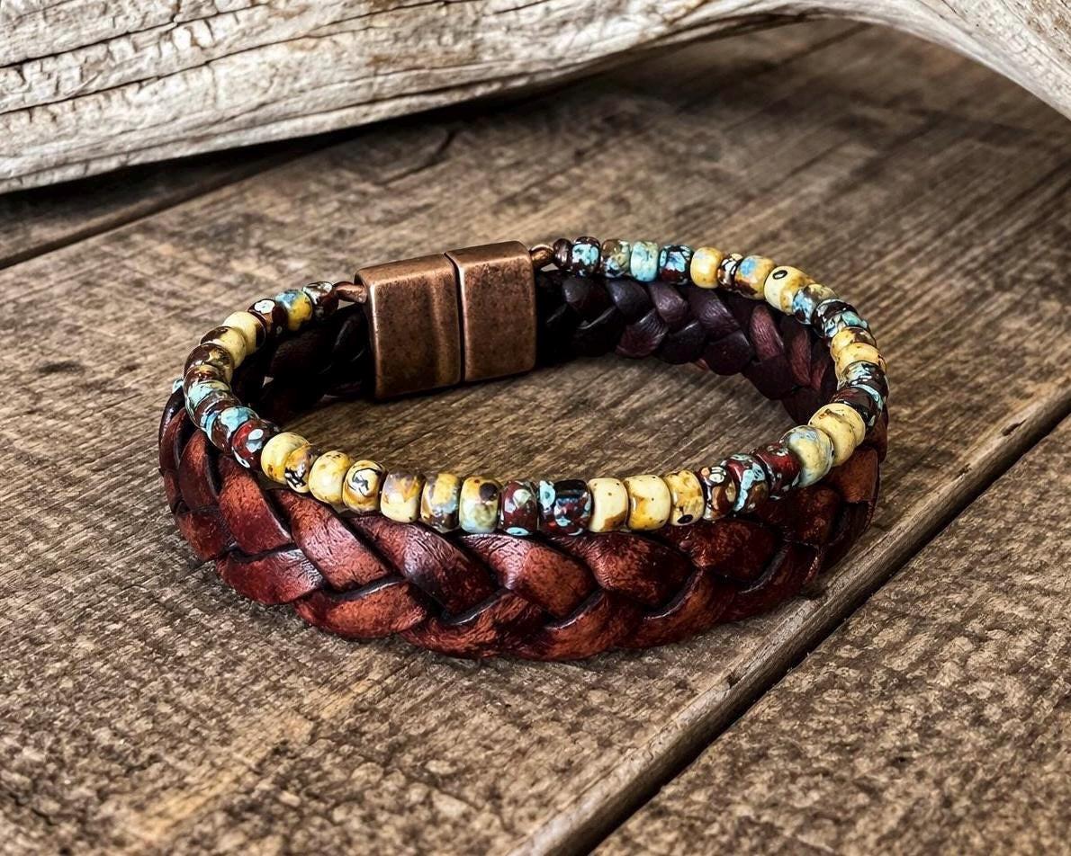 BohoWrapFrancesca Braided Leather and Beaded Bracelet Set with Magnetic Clasp