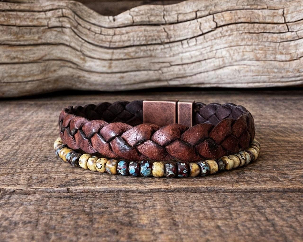 BohoWrapFrancesca Braided Leather and Beaded Bracelet Set with Magnetic Clasp