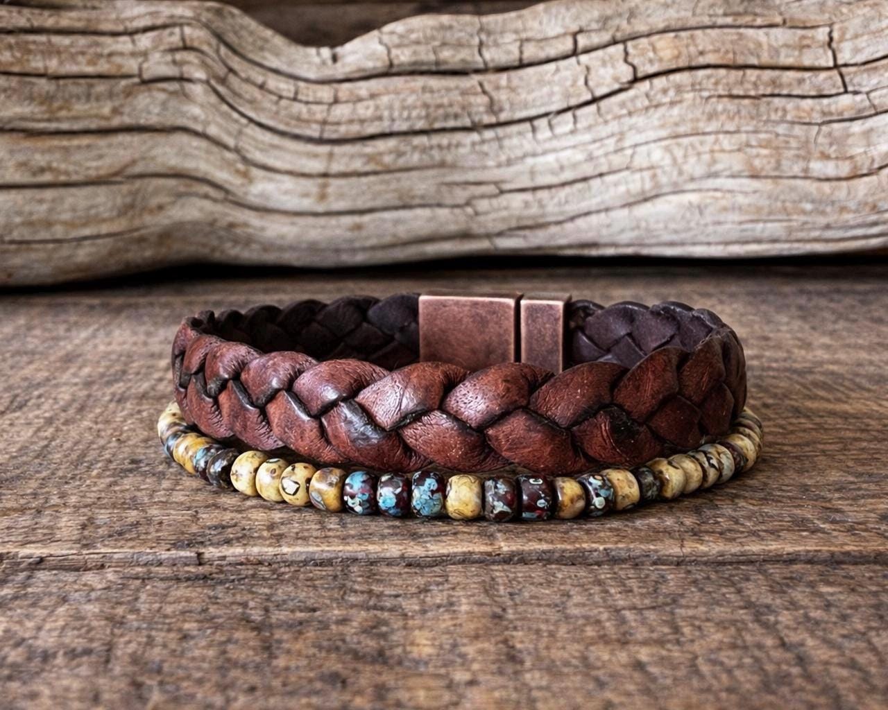 BohoWrapFrancesca Braided Leather and Beaded Bracelet Set with Magnetic Clasp