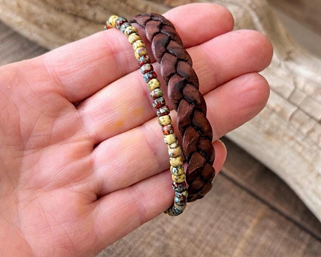 BohoWrapFrancesca Braided Leather and Beaded Bracelet Set with Magnetic Clasp