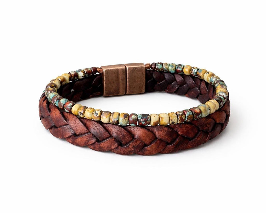 BohoWrapFrancesca Braided Leather and Beaded Bracelet Set with Magnetic Clasp