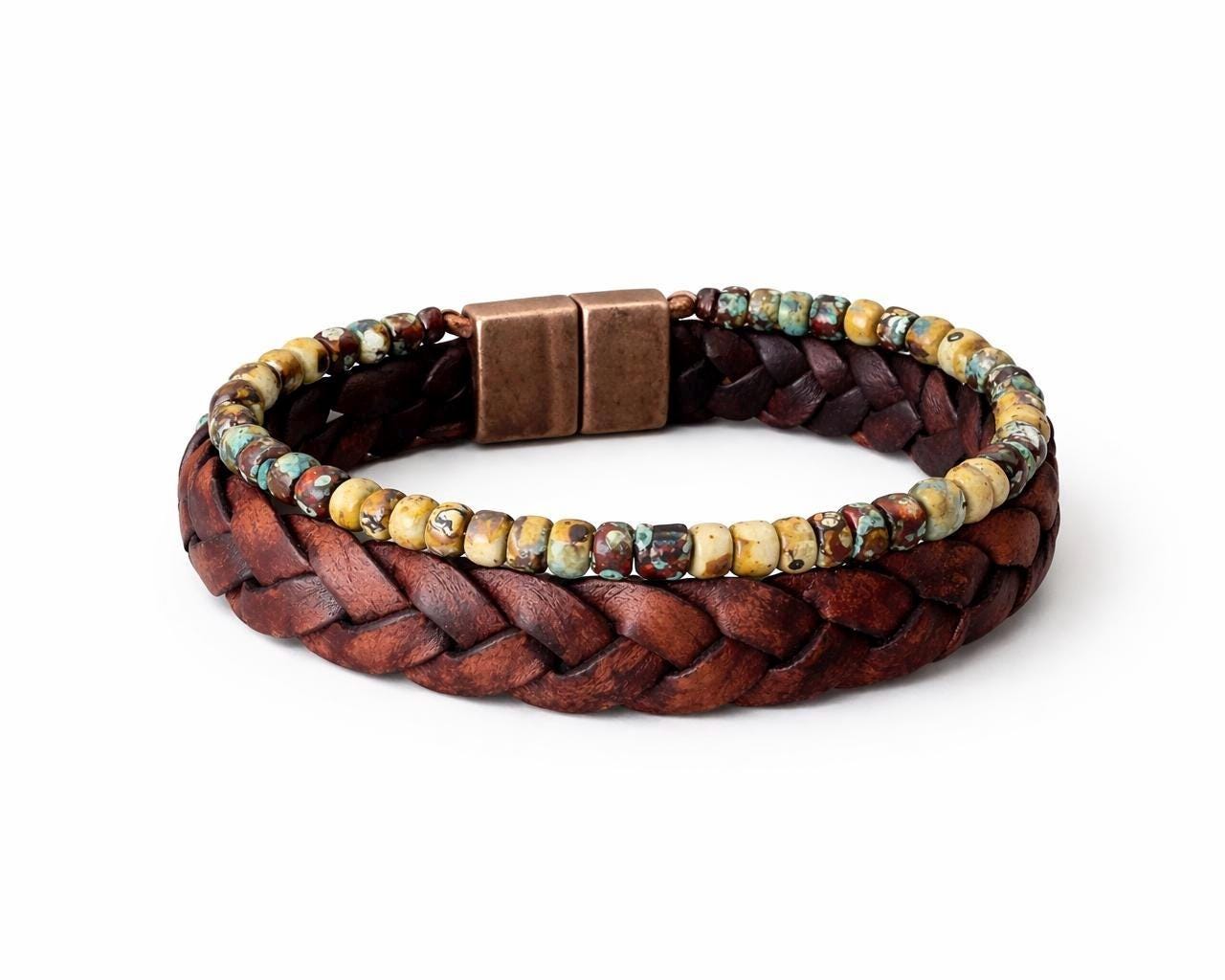 BohoWrapFrancesca Braided Leather and Beaded Bracelet Set with Magnetic Clasp