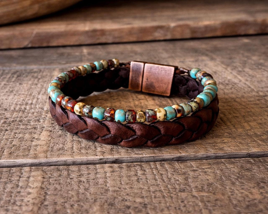Handmade Leather & Turquoise Blue Bead Bracelet – Rustic Boho Style