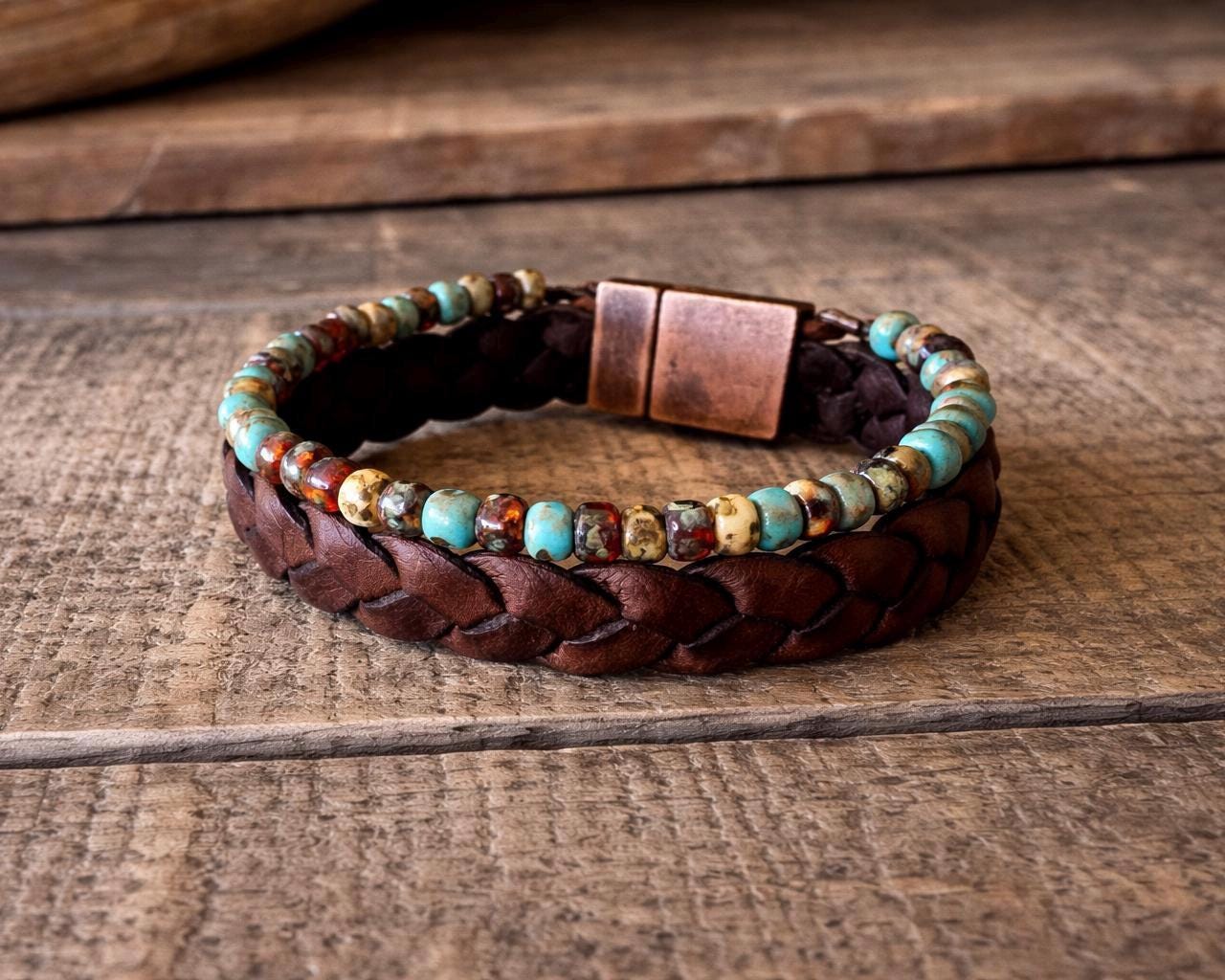 Handmade Leather & Turquoise Blue Bead Bracelet – Rustic Boho Style