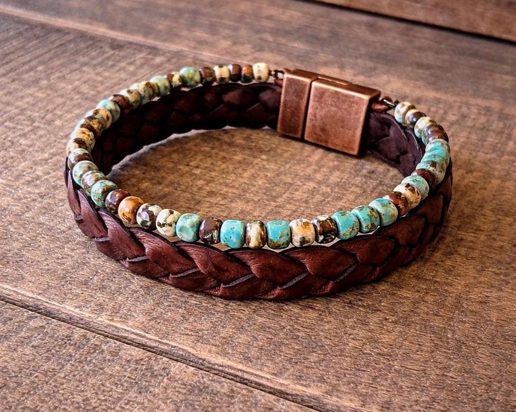 Handmade Leather & Turquoise Blue Bead Bracelet – Rustic Boho Style